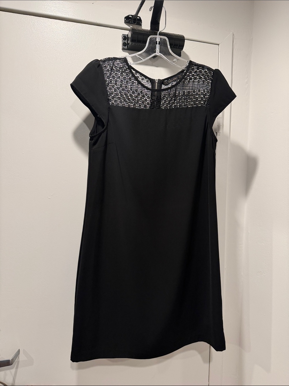Zara Black Cap-Sleeve Shift Dress with Beaded Yoke